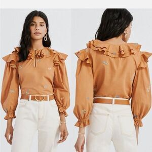 Something Navy Embroidered Floral Ruffle Trim Long Sleeve Blouse Top Camel Small